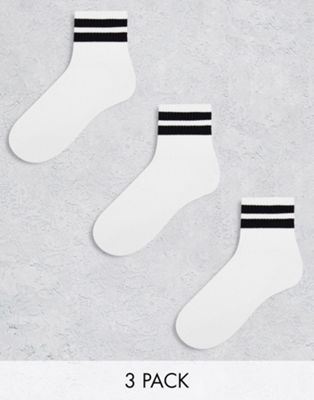 Asos Design 3 Pack Terry Ankle Socks In White With Stripes