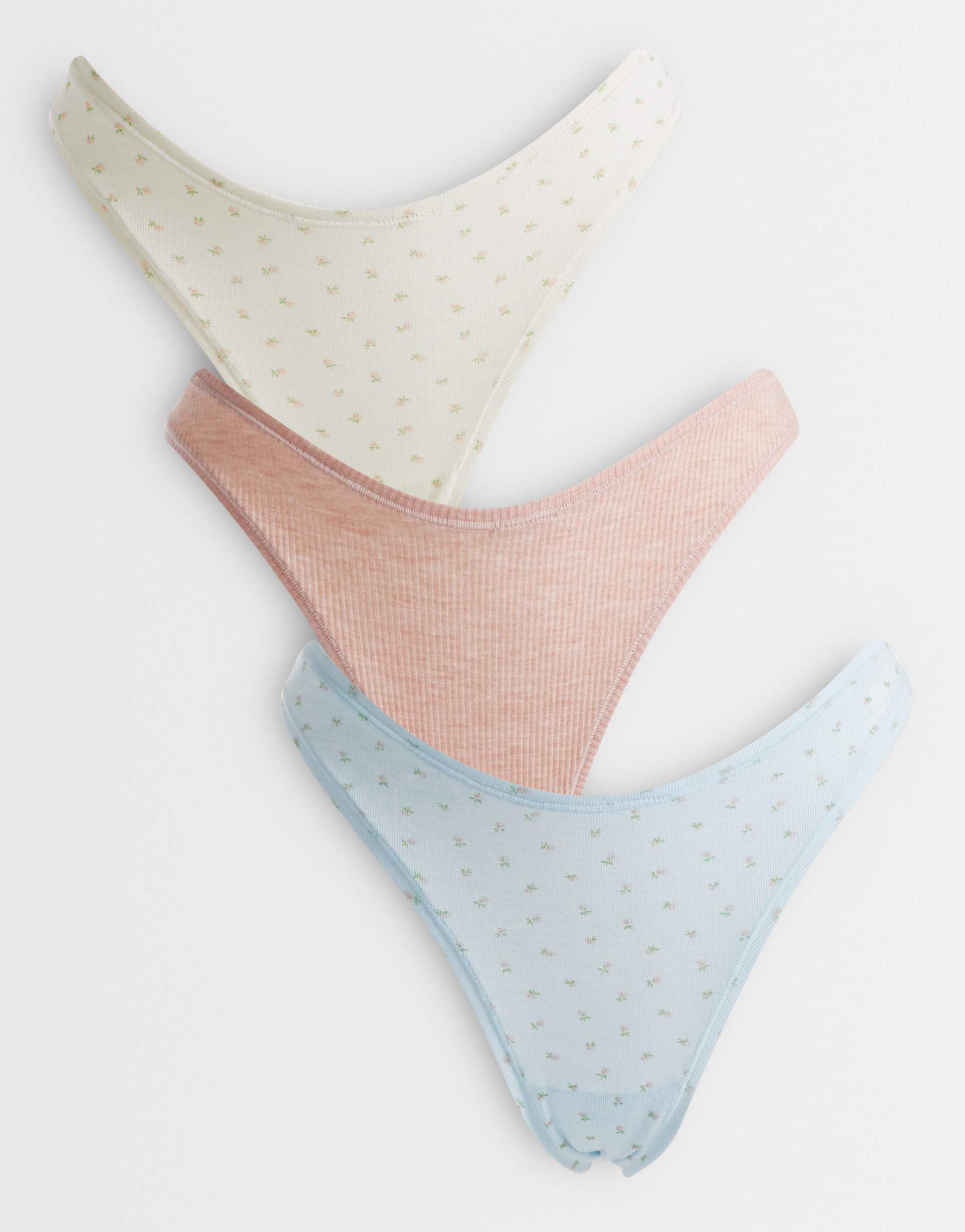 asos design 3 pack thong in blue & cream ditsy print and oatmeal rib