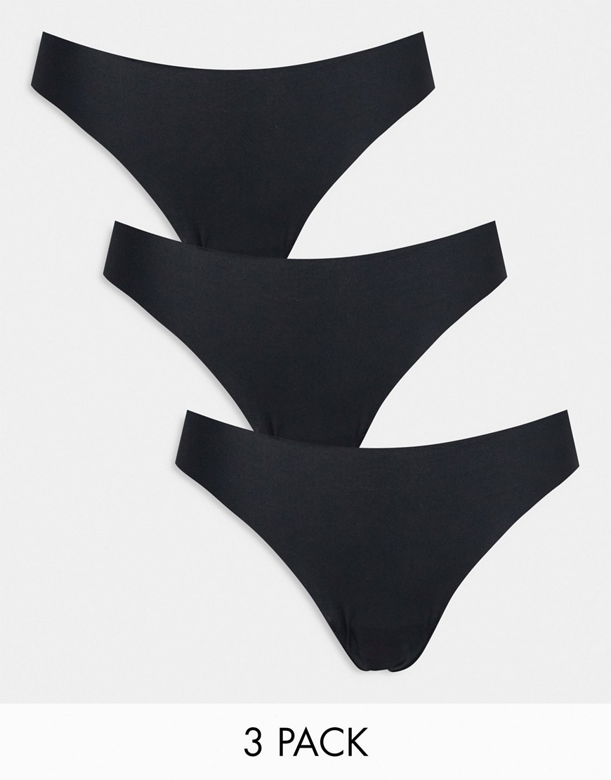 ASOS DESIGN 3 pack thong in no VPL & lace in black