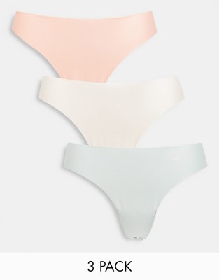 ASOS DESIGN 3 pack thong in no VPL & lace in lilac, blue & blossom