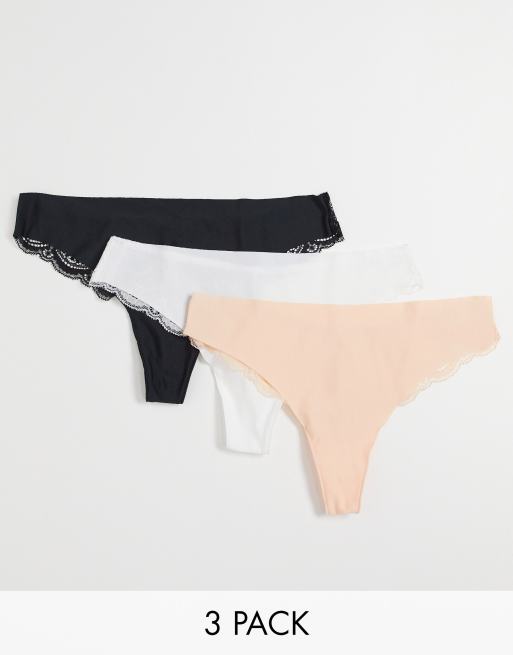 ASOS DESIGN 3 pack thong in no VPL & lace in multi