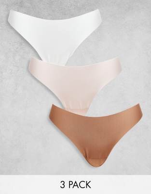 ASOS DESIGN 3 pack thong in no VPL & lace in tonal