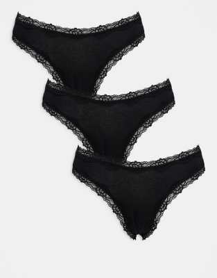 ASOS DESIGN 3 pack thong with lace trim in black - view 1