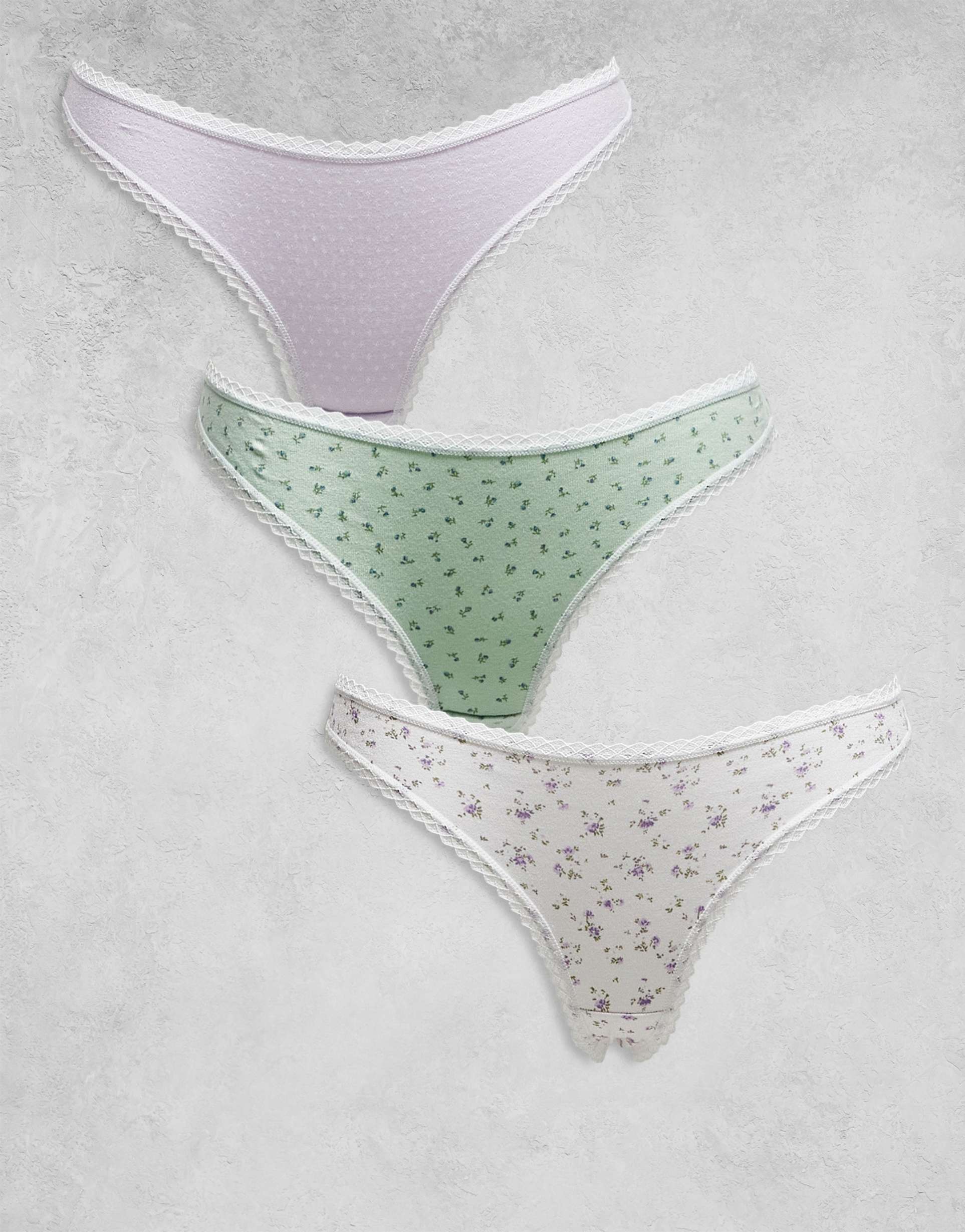 asos design 3 pack thong with lace trim in ditsy print and lilac pointelle