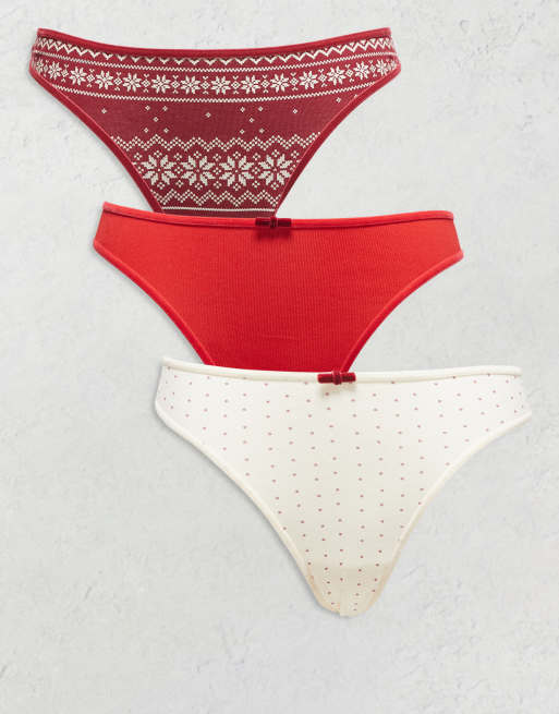 ASOS DESIGN 3-pack thongs in burgundy Fairlise print, red rib and cream polka dot with velvet trims