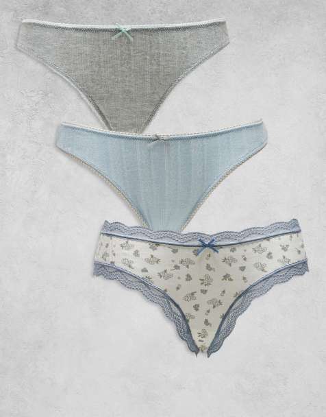 ASOS DESIGN 3 pack thongs in ditsy print, grey & blue pointelle - view 1