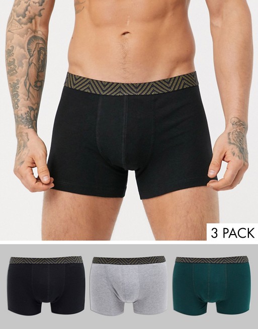 ASOS DESIGN 3 pack trunk in black green and grey organic cotton with contrast waistband save