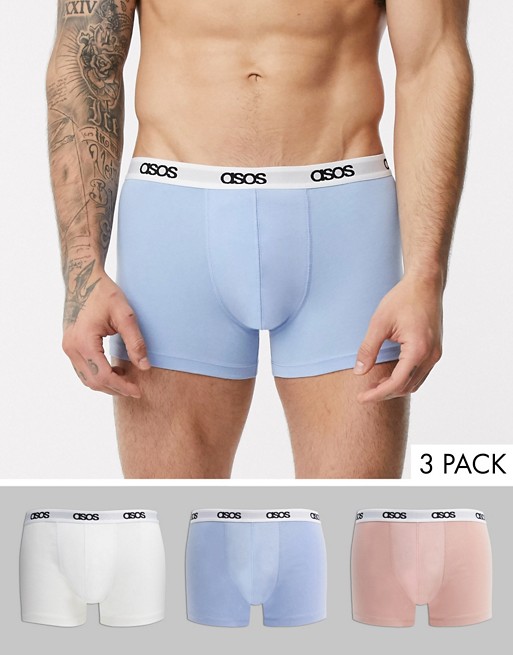 ASOS DESIGN 3 pack trunk in pink blue and white with contrast white branded waistband save