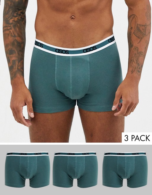 ASOS DESIGN 3 pack trunk in teal green organic cotton with branded waistband