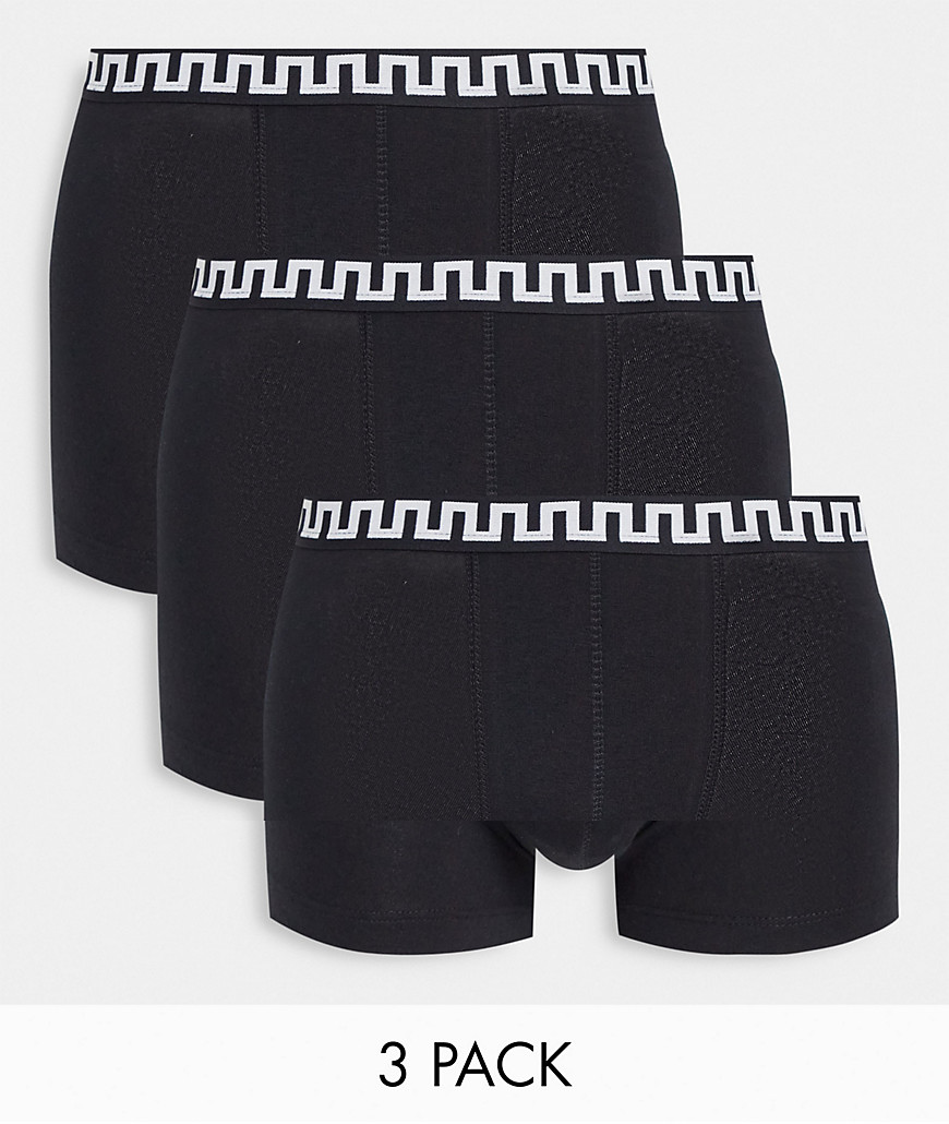 ASOS DESIGN 3 pack trunks in back with monochrome grecian waistband-Black