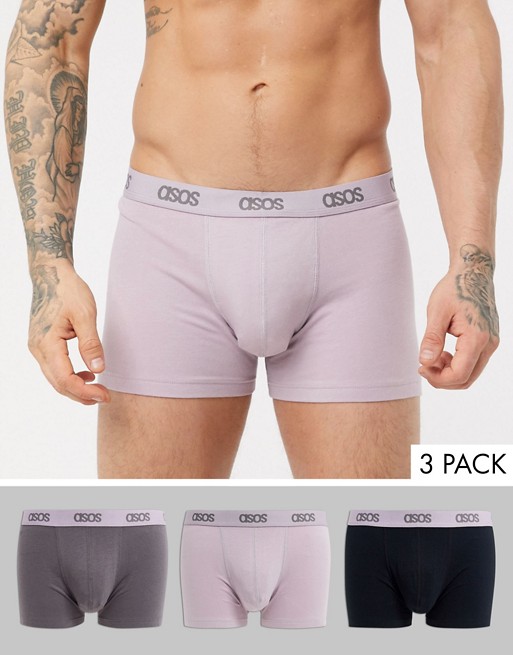 ASOS DESIGN 3 pack trunks in black and purple with tonal branded waistband save