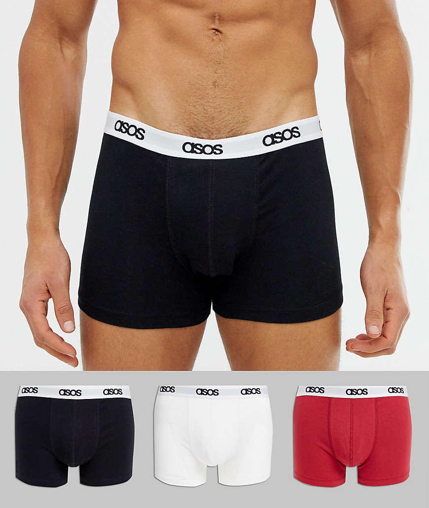 ASOS DESIGN 3 pack trunks in black red and white organic cotton blend with branded waistband-Multi