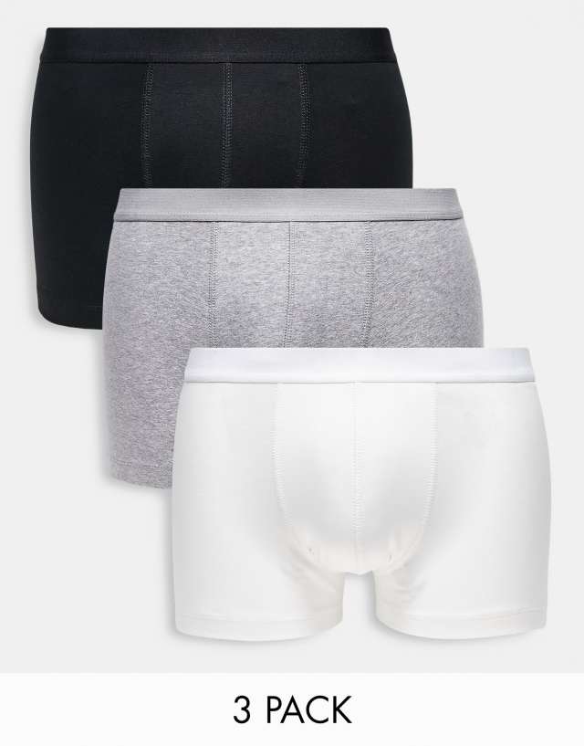 ASOS DESIGN 3 pack trunks in black/white/gray