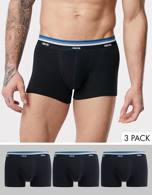ASOS DESIGN 3 pack trunks in black with branded blue waistband save