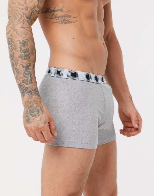 ASOS DESIGN 3 pack trunks in blue grey and black cotton with check