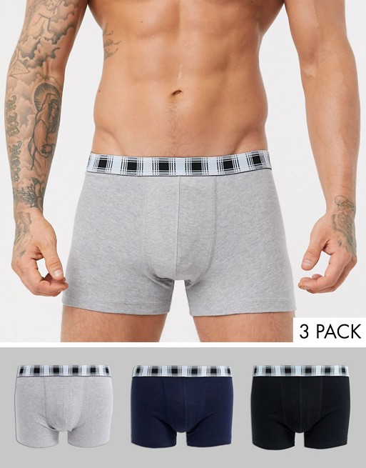 ASOS DESIGN 3 pack trunks in blue grey and black organic cotton with check waistband