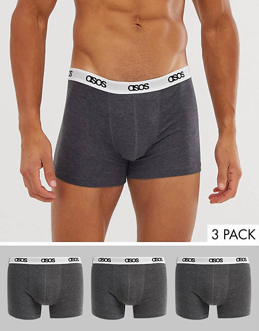 ASOS DESIGN 3 pack trunks in dark gray heather organic cotton blend with branded waistband