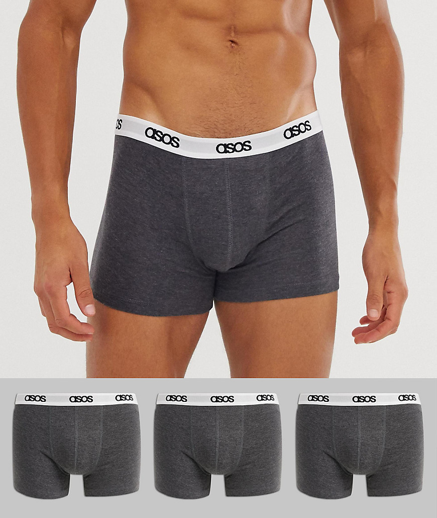 ASOS DESIGN 3 pack trunks in dark gray heather organic cotton with branded waistband-Grey