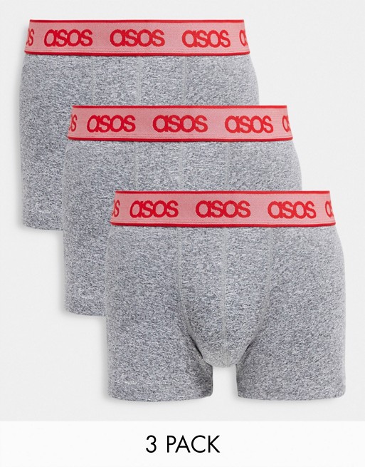 ASOS DESIGN 3 pack trunks in grey marl with red waistband