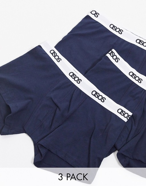 ASOS DESIGN 3 pack trunks in navy with branded waistband