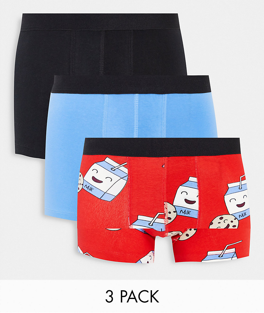 ASOS DESIGN 3 pack trunks with cookies and milk print-Multi