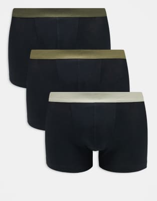 Asos Design 3 Pack Trunks With Khaki Waistbands In Black