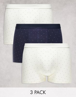 ASOS DESIGN 3 pack trunks with polka dot print in navy and white