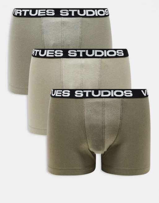 ASOS DESIGN 3 pack trunks with printed waistband in khaki