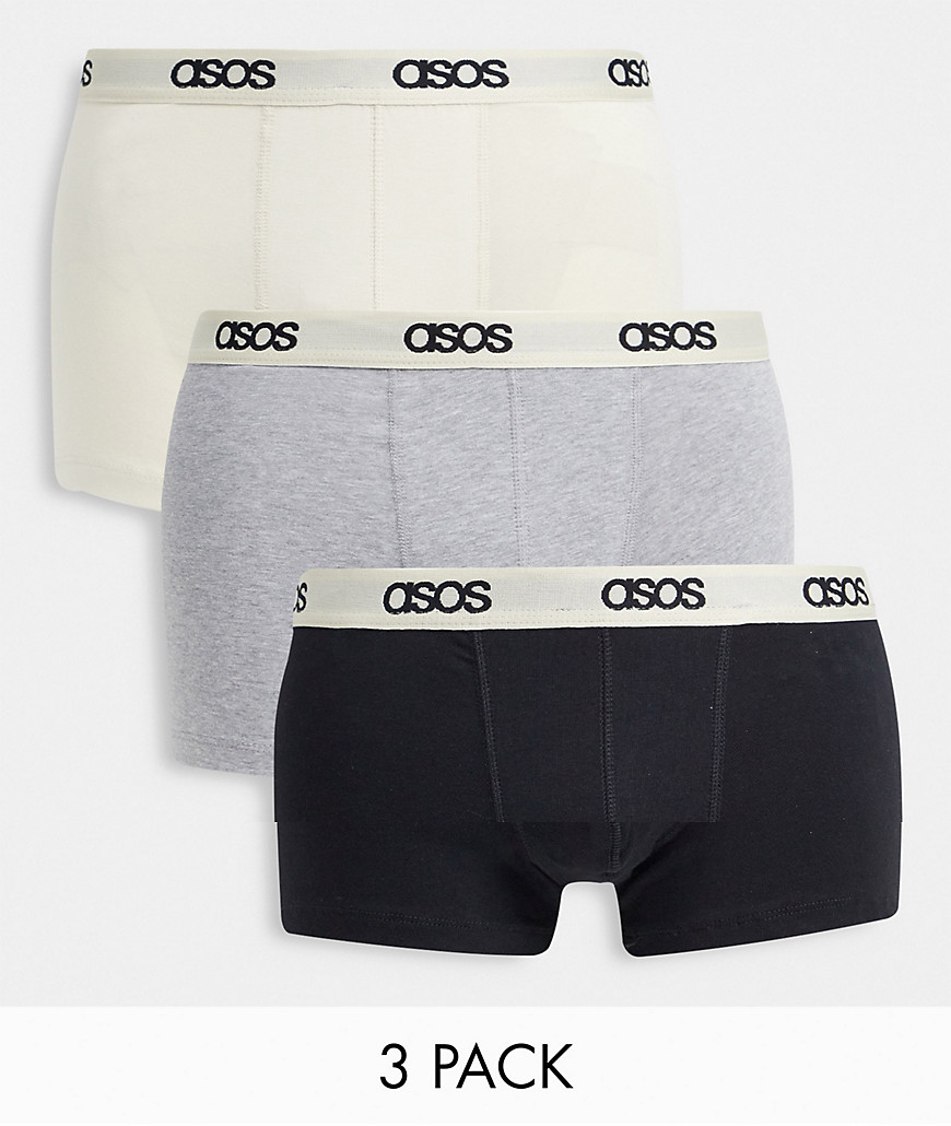 ASOS DESIGN 3 pack trunks with tonal branded waistband in black/gray/beige-Multi