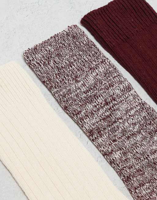 ASOS DESIGN 3 pack twist sock in ecru and burgundy, 2 of 4