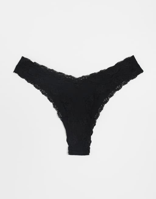 ASOS DESIGN 3 pack v front lingerie thong with lace trim in black, 2 of 3
