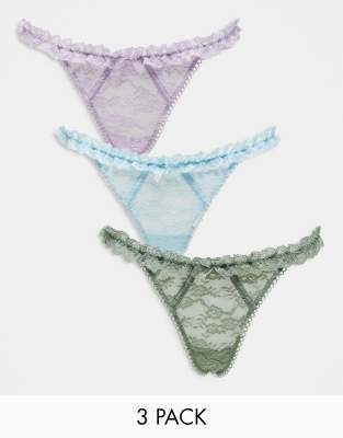 ASOS DESIGN ASOS DESIGN 3 pack vintage ruffle lace thong in lilac baby blue & sage-Multi