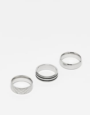 ASOS DESIGN 3 pack waterproof stainless steel band ring set in silver tone