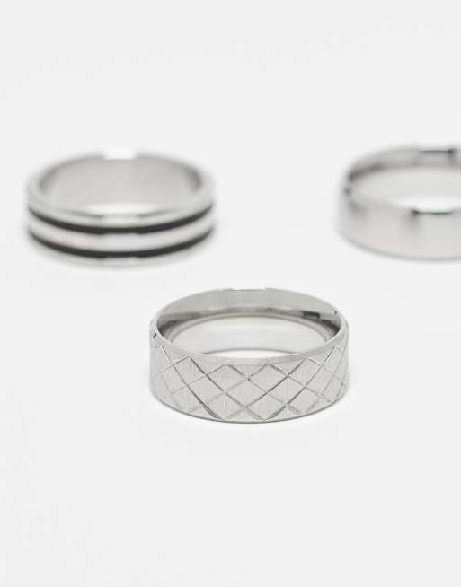 ASOS DESIGN 3 pack band ring set with embossing in burnished silver tone