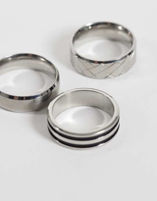 ASOS DESIGN 3 pack waterproof stainless steel band ring set in silver tone, 2 of 3