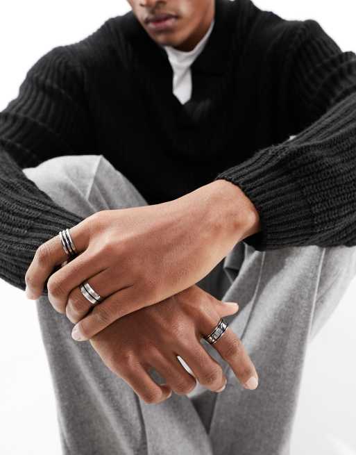 ASOS DESIGN 3-pack waterproof stainless steel band ring set with embossed detail in burnished silver tone, 2 of 4