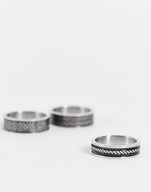 ASOS Design 3 Pack Waterproof Stainless Steel Band Ring Set in Silver Tone