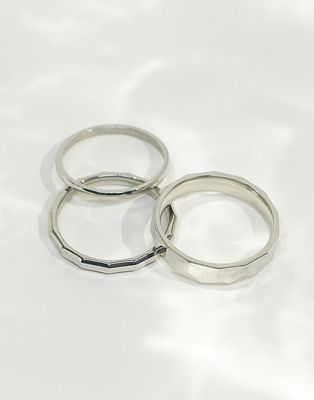 ASOS DESIGN 3 pack waterproof stainless steel band ring set with embossed texture in silver tone