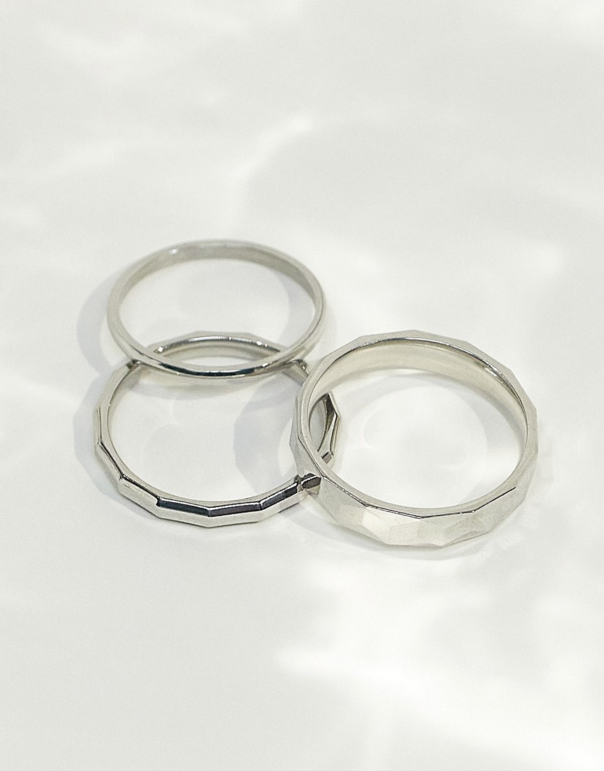 Asos Design 3 Pack Waterproof Stainless Steel Band Ring Set With Embossed Texture In Silver Tone