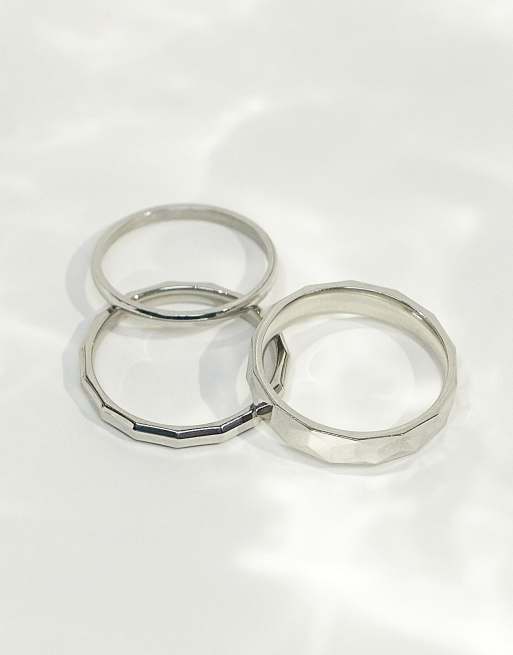 ASOS Design 3 Pack Waterproof Stainless Steel Band Ring Set in Silver Tone