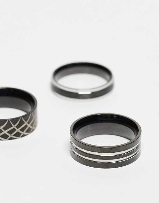 ASOS DESIGN 3 pack band ring set with embossing in burnished silver tone