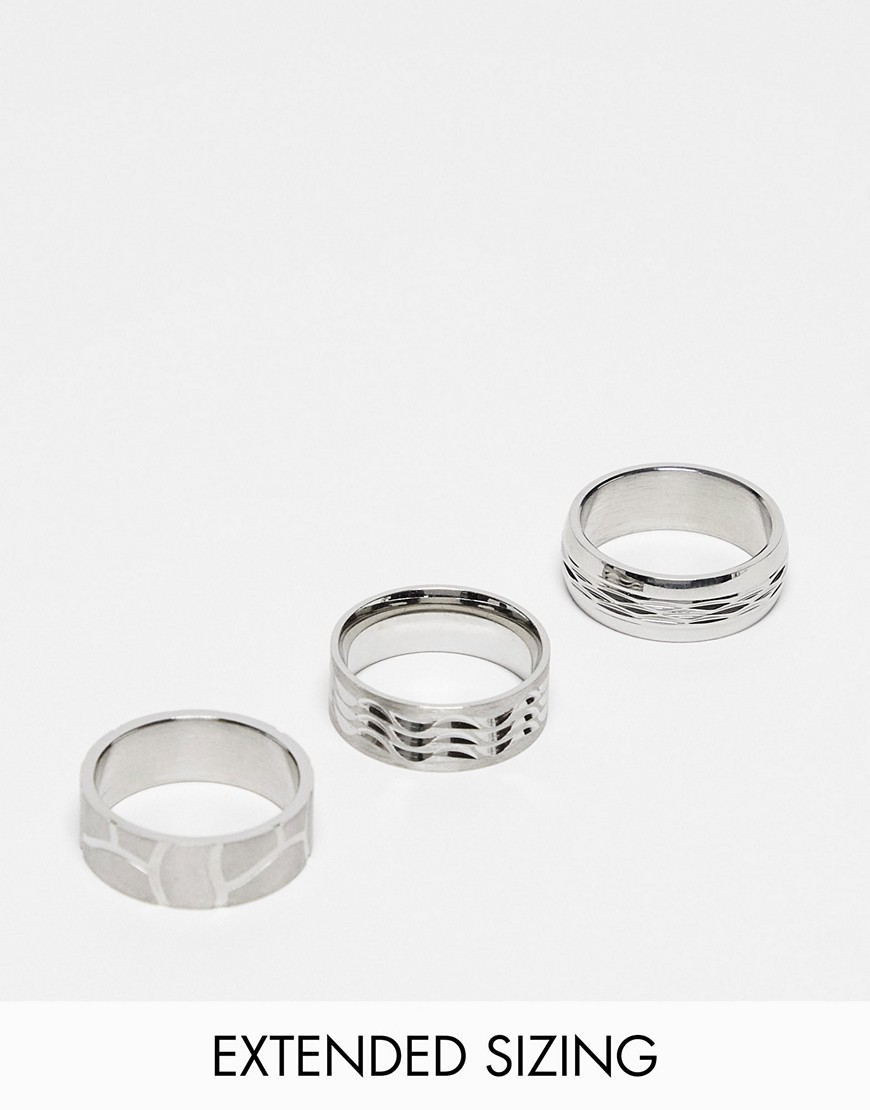 ASOS DESIGN 3 pack waterproof stainless steel band ring set with embossing in silver tone