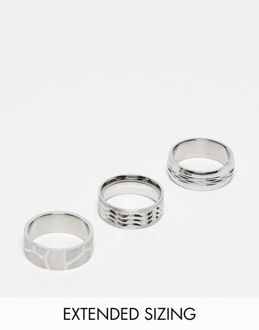 ASOS Design 3 Pack Waterproof Stainless Steel Band Ring Set in Silver Tone