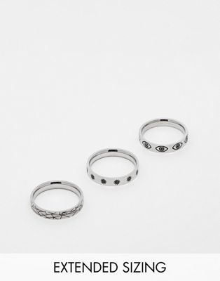 ASOS DESIGN 3 pack waterproof stainless steel band ring set with eye and sun design in silver tone
