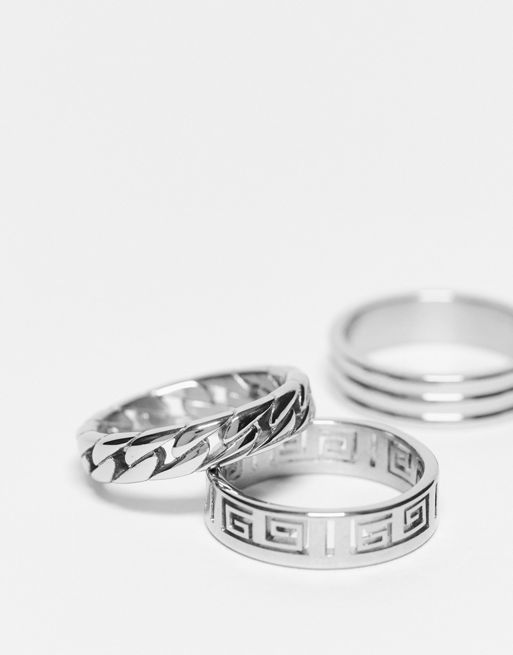 ASOS Design 3 Pack Waterproof Stainless Steel Band Ring Set in Silver Tone