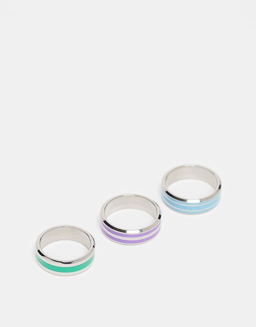 ASOS DESIGN 3 pack waterproof stainless steel band rings in silver tone with multicolor enamel line emboss