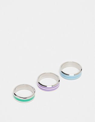 ASOS DESIGN 3 pack waterproof stainless steel band rings in silver tone with multicolour enamel line emboss