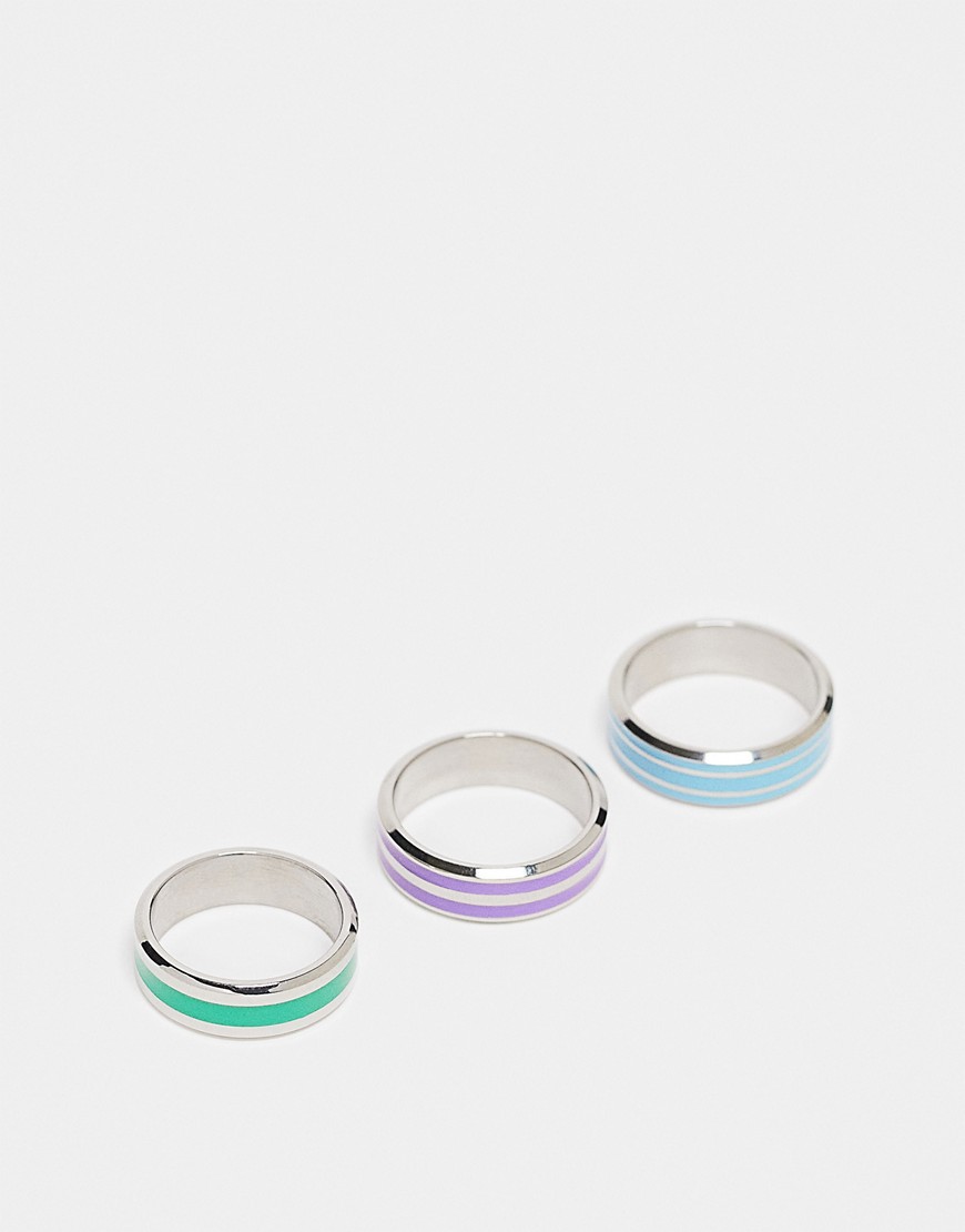 ASOS DESIGN 3 pack waterproof stainless steel band rings in silver tone with multicolour enamel line