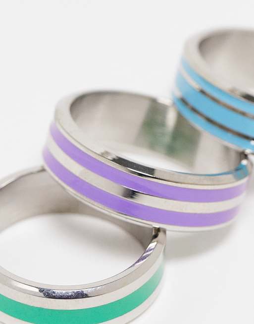 ASOS Design 3 Pack Waterproof Stainless Steel Band Ring Set in Silver Tone