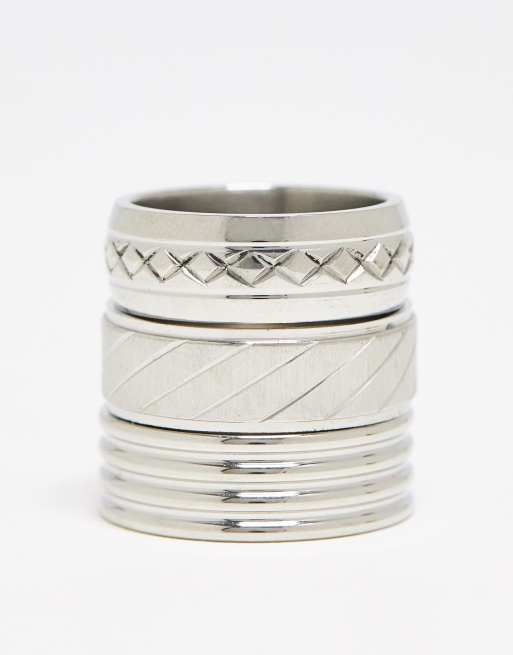 ASOS DESIGN 3 pack waterproof stainless steel band rings with embossing in silver tone, 3 of 4